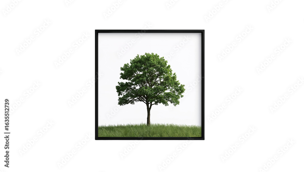 Obraz premium Artistic presentation of a solitary tree standing on a grassy patch in a picture frame, isolated
