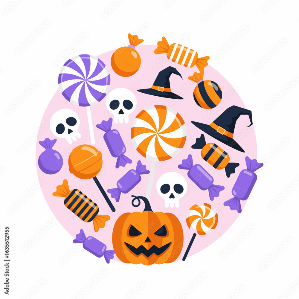 Fototapeta premium Flat vector illustration of Halloween candy in circle