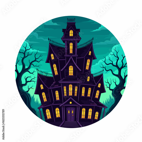 Halloween cartoon illustration of a haunted mansion at night