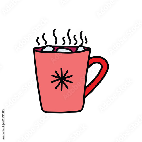 Steaming pink mug with marshmallows and snowflake design warming up for winter