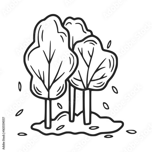 Three trees standing on a patch of dirt losing their leaves in autumn, hand drawn illustration