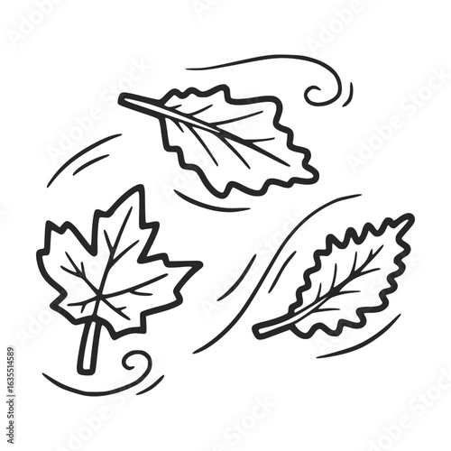 Autumn leaves blowing in the wind hand drawn doodle illustration
