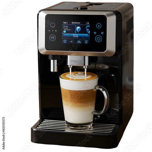 Photo Of Professional Coffee Machine Brewing Latte In Transparent Glass Cup