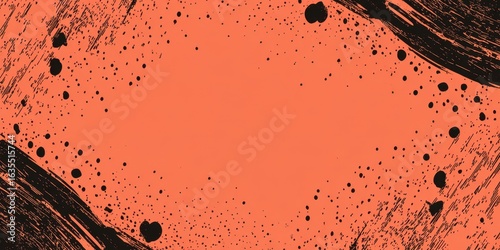 Abstract black paint splatters and brush strokes on a bright coral background