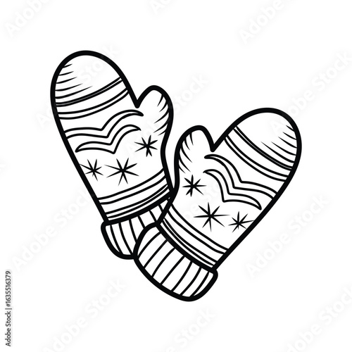 Pair of knitted mittens with snowflake pattern keeping hands warm