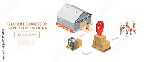 Isometric global logistics export operations with a warehouse, forklift, pallet boxes, and people. Concept of international delivery and supply chain management.
