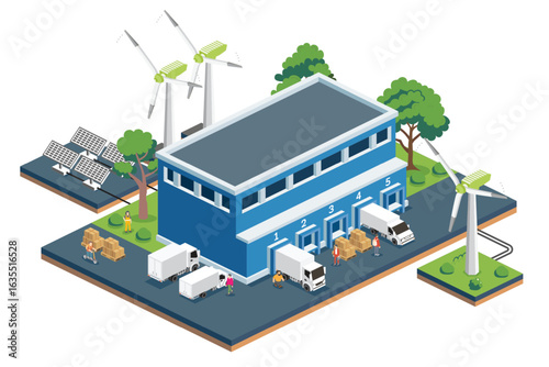Eco friendly isometric distribution center powered by solar panels and wind turbines. Warehouse, loading docks, delivery trucks, pallets, and people for sustainable logistics.