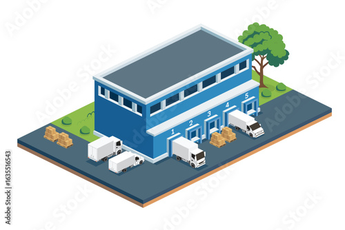Isometric modern distribution logistic center. Warehouse storage facilities with loading docks, trucks, pallets and boxes isolated on white background. Loading discharging terminal.