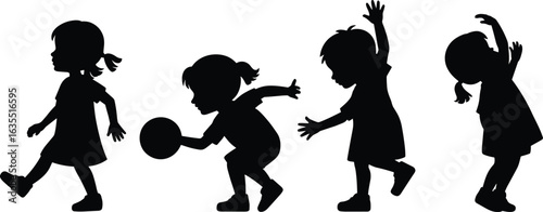 Silhouette of young girls playing with ball, active kids having fun, childhood playtime, outdoor activities, energetic children, joyful moments