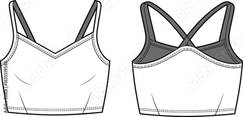 Sports bra technical drawing, front and back view, V-neckline, crisscross straps, fashion sketch, garment design, sewing pattern, activewear template, apparel illustration, fitness wear.