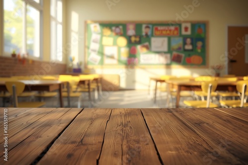 Empty classroom with sunlight streaming through windows illuminating wooden desks and chairs creating a nostalgic and quiet learning environment
