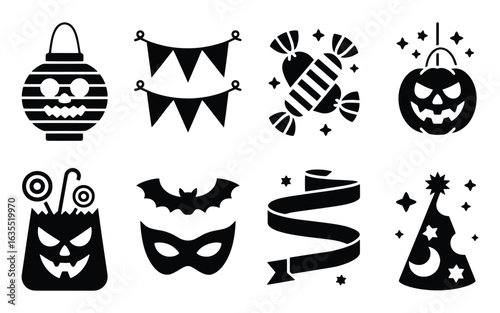 Halloween Decoration Vector Icon Pack, Paper Lanterns, Garlands, Lollipops, Bag, Masks, Ribbons & Party Hats