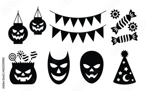 Clean Halloween Silhouette Vector Collection, Lanterns, Garland Flags, Candy, Bag, Masks, Banners & Party Hats