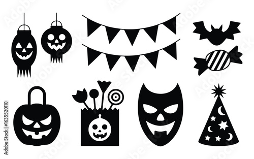 Halloween Vector Graphics Set ,Hanging Lanterns, Garland, Sweets, Trick-or-Treat Bag, Masks, Ribbons & Hats