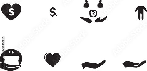 Black vector icons for charity and support with hearts and hands giving donation