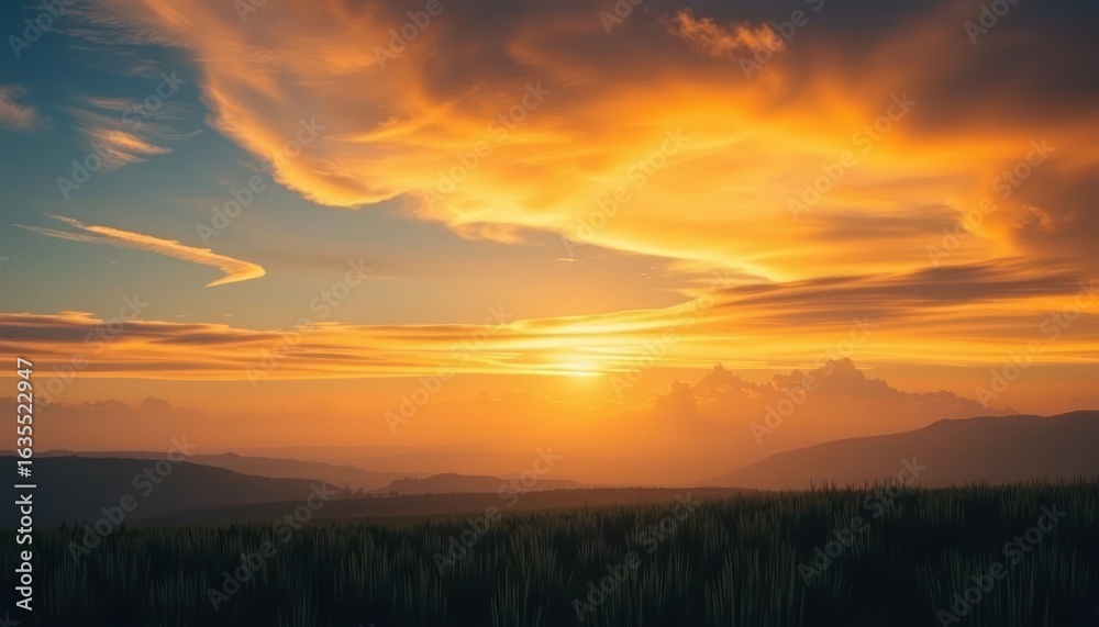 Spectacular sunset panorama casting golden light over mountainous landscape Spectacular sunset panorama casting golden light over mountainous landscape