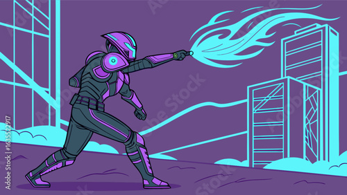 Futuristic cyberpunk warrior with energy weapon in neon city digital art illustration style design