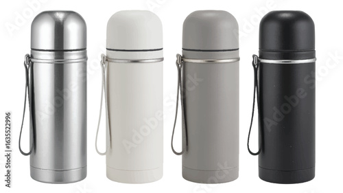 Four insulated travel mugs in silver white grey and black on a white background insulated mug