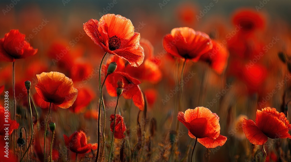 Fototapeta premium Carnation Field. Vibrant Red Poppy Blossoms in Texas Spring Meadow