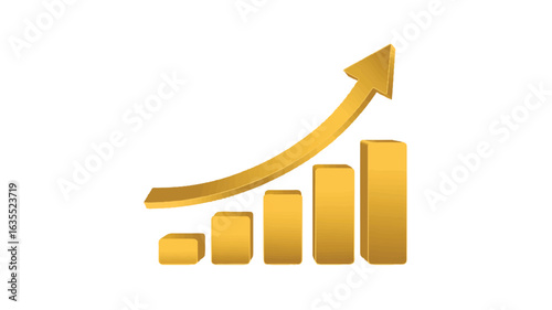 Golden Bar Chart with Upward Trending Arrow on White Background graph statistics