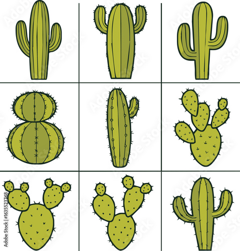 A collection of nine different green cactus illustrations, showcasing various species in a simple grid layout.
