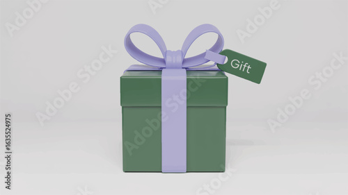 Green gift box with purple ribbon and gift tag on a white background present surprise