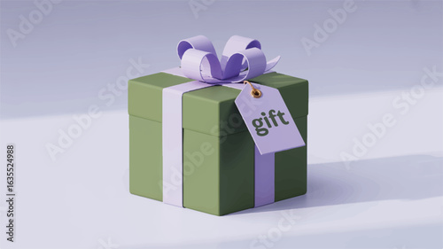 Green gift box with purple ribbon and gift tag on a light purple background present