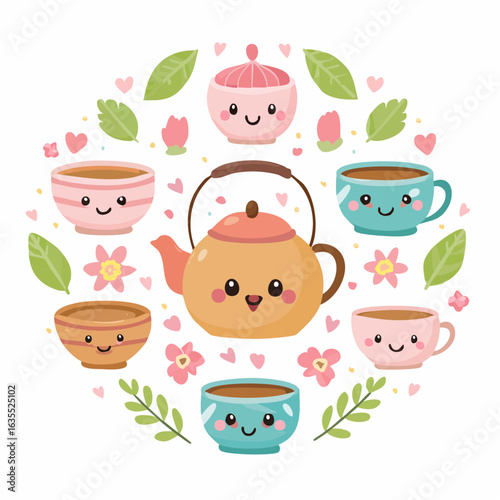 Design a kawaii vector set of Japanese tea ceremony items with cute expressions and pastel colors