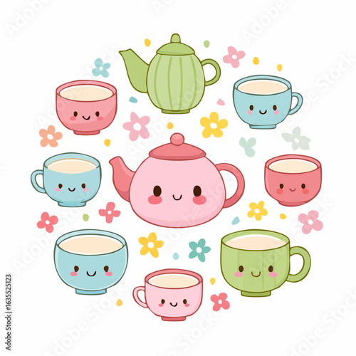 Design a kawaii vector set of Japanese tea ceremony items with cute expressions and pastel colors