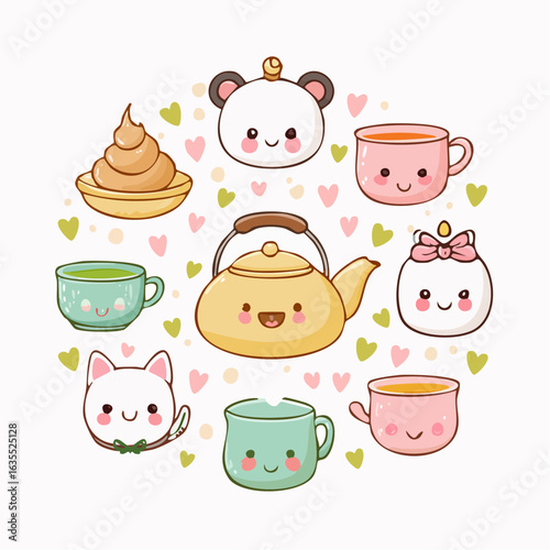 Design a kawaii vector set of Japanese tea ceremony items with cute expressions and pastel colors