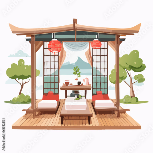 a traditional Japanese tea house interior in vector style with soft colors and wooden textures