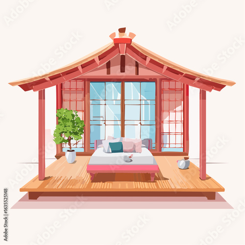 a traditional Japanese tea house interior in vector style with soft colors and wooden textures