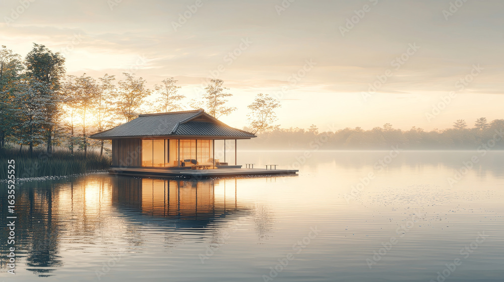 Fototapeta premium Serene lakeside cabin reflects beautifully on calm water during sunrise, surrounded by lush trees and soft mist. tranquil atmosphere evokes sense of peace and relaxation