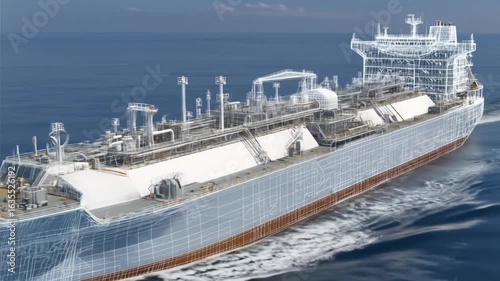 LNG Tanker Ship Underway with Digital Wireframe Rendering, and Ocean Transportation.