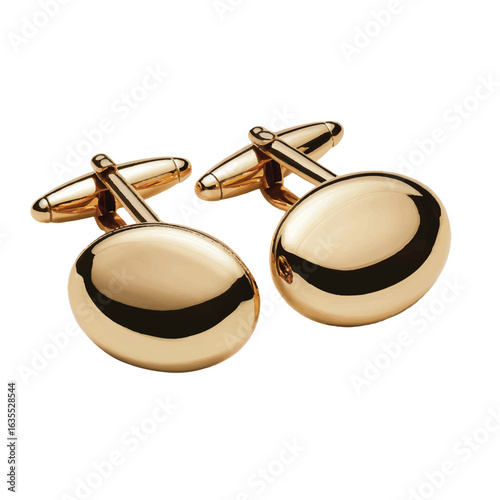 Pair of oval gold polished cufflinks on a white background jewelry accessory