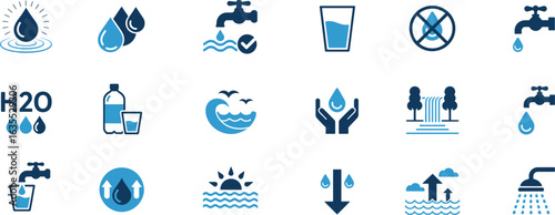 A versatile set of blue water icons representing conservation, purity, hydration, and environmental themes for graphic design projects.