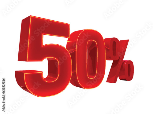 Red 3D fifty percent sign with glowing yellow outline on white 50 percent discount