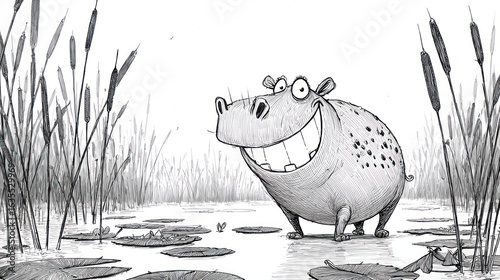 Smiling hippo in pond, with lily pads and reeds, sketched in black and white