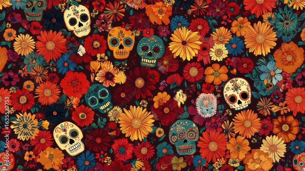 Colorful sugar skulls and vibrant flowers create a festive pattern for Day of the Dead celebration on a rich dark red backdrop Colorful sugar skulls and vibrant flowers create a festive pattern for Day of the Dead celebration on a rich dark red backdrop