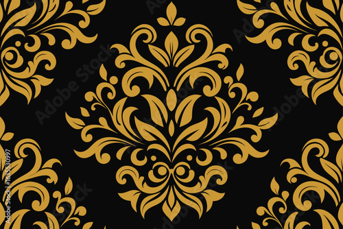 Elegant gold damask pattern on a black background