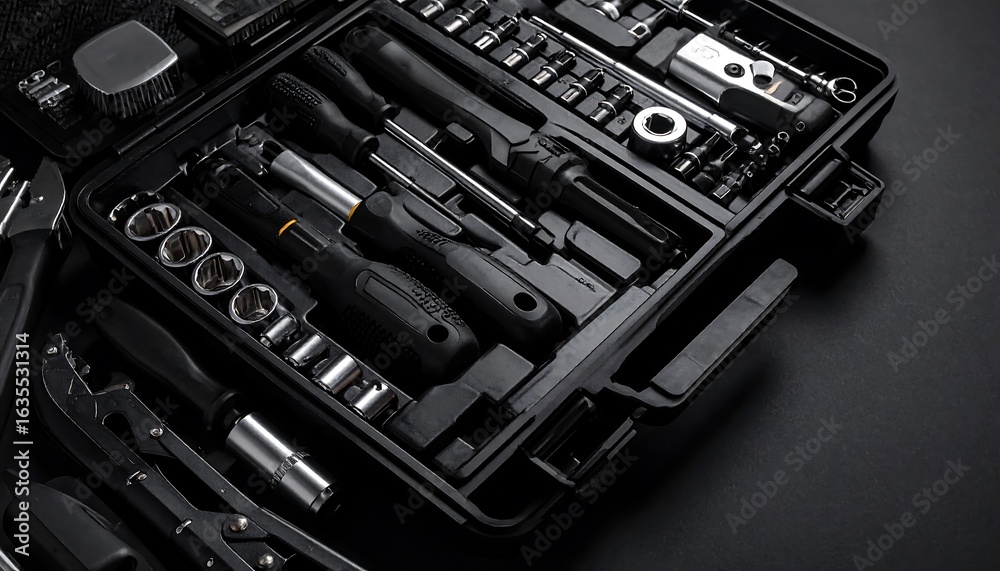 Fototapeta premium Tools in black case on dark surface