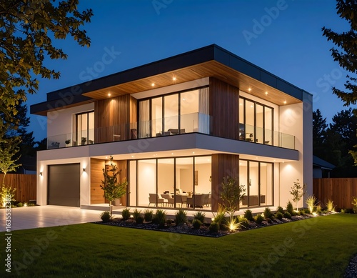 Modern two-story house at dusk, illuminated, showcasing clean lines and expansive windows