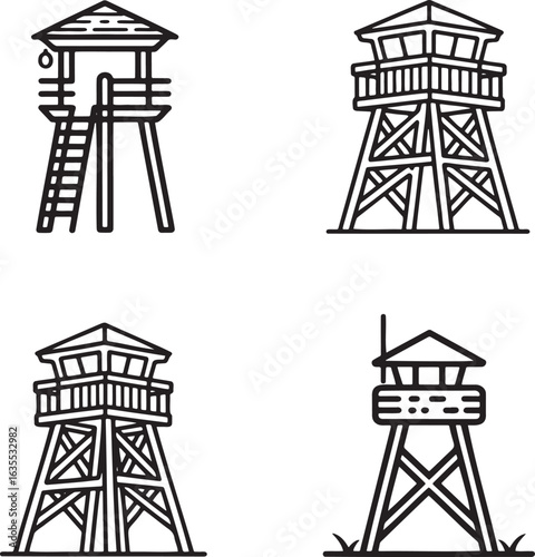 Set of Watchtower Outline vector illustration isolated On Transparent Background