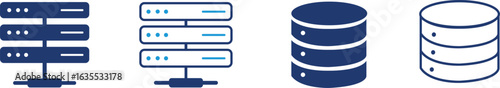 Server and Database Icons – Minimalist Blue and Outline Variants Depicting Data Storage and IT Infrastructure Concepts