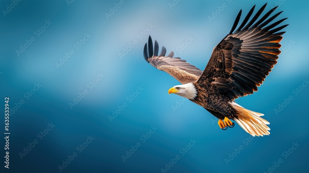 Obraz premium Majestic bald eagle soaring against a blue sky