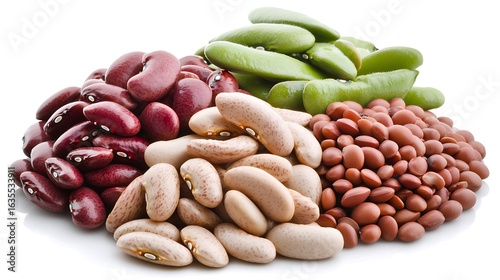 Mixed variety of dry beans spread flat, shot with mirrorless camera, 50mm lens, showcasing natural tones and shapes with soft lighting on white background