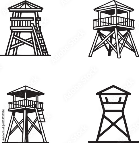 Set of Watchtower Outline vector illustration isolated On Transparent Background