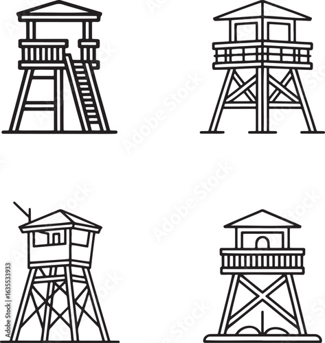 Set of Watchtower Outline vector illustration isolated On Transparent Background
