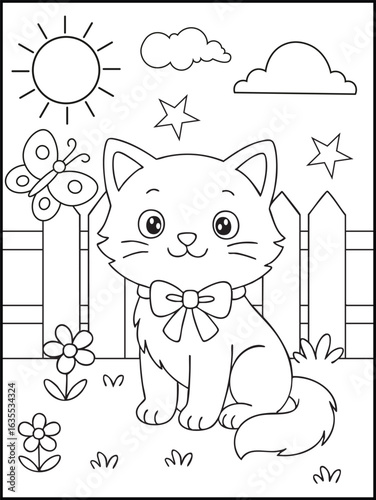 Cute Kitten Sitting at the fence on a sunny day. Cute cat coloring book. Black and White Line Art Printable Coloring Page for Kids and Adults