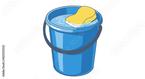 A blue bucket filled with water and a yellow sponge featuring a dark gray handle